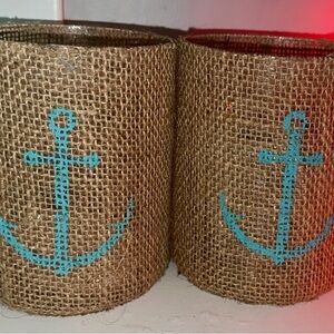 Coastal Burlap Candle Holders with Teal Anchor Design